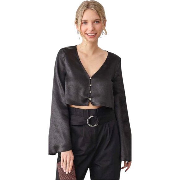 Womens Shiny Black Long Sleeve Button Front Crop Top - Picture 1 of 11